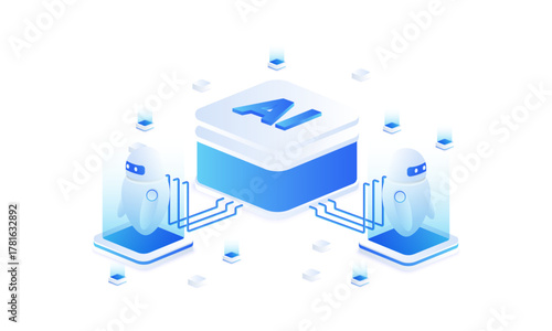 AI agent automation isometric vector illustration. ai robots connected to central ai processor. concept of data transfer and machine learning.
