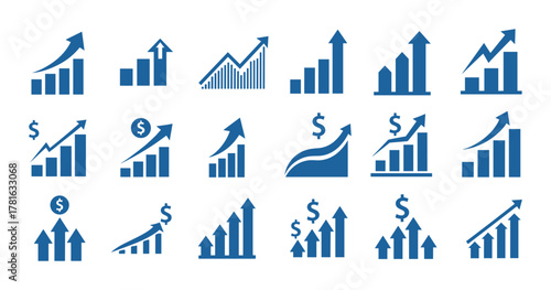 Set of blue business growth chart icons, increasing arrow and bar graphs showing financial success and progress