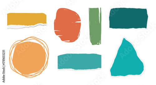Set of colorful ripped paper shapes and grunge brush strokes for graphic design elements