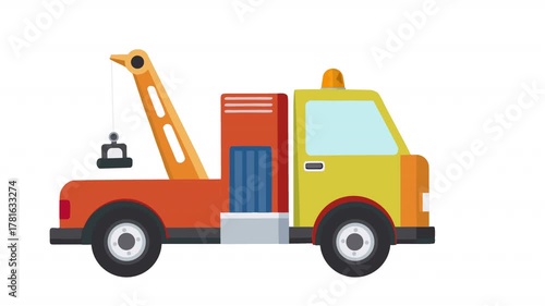 Colorful tow truck with a crane boom. Animated tow truck, alpha channel. Cartoon