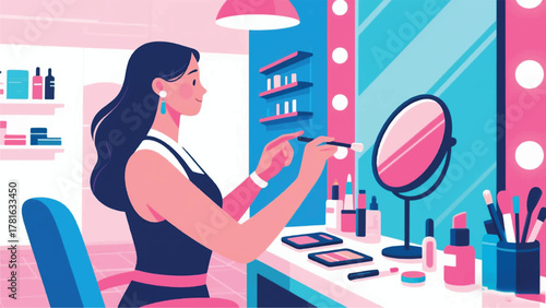 A Woman Makes Up in Front of a Mirror Illustrator Artwork Banner Background Design Template 