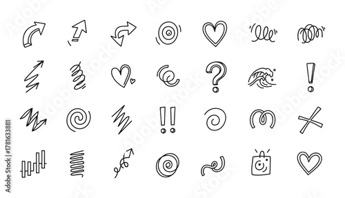 Set of hand-drawn doodle icons including arrows, swirls, hearts, and question marks