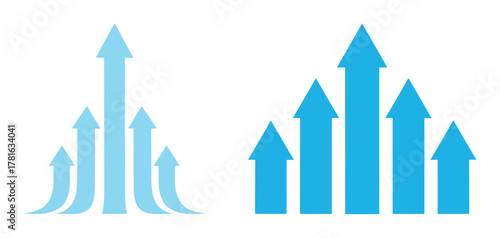 Set of light blue and dark blue rising arrow icons showing growth and progress in bar chart style