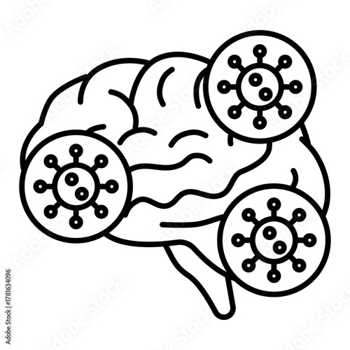 brain with virus line icon with editable stroke
