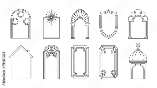 Set of outline arch and gate frames in linear style design for architecture and entrances
