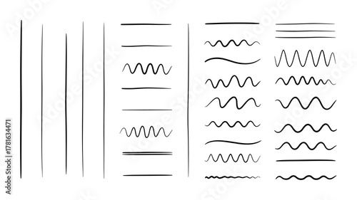 Set of various hand drawn simple clean and wavy black brush lines isolated on white background