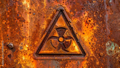 Rusty Radioactive Symbol on Metal Surface.