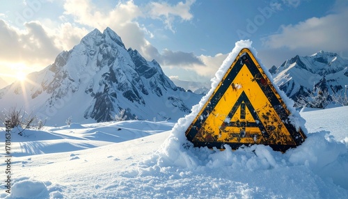 Warning Sign in Snowy Mountain Landscape.
