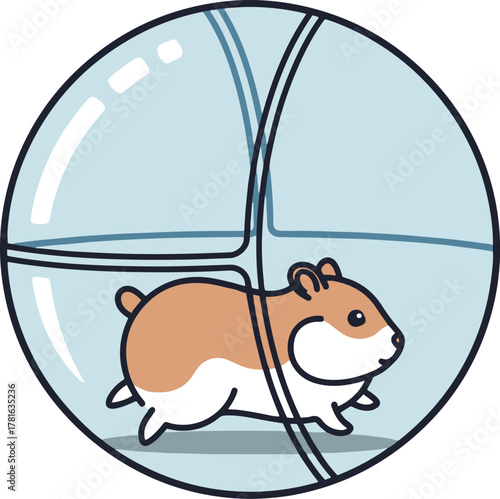 A playful, circular cartoon illustration of a hamster actively running inside a clear plastic exercise ball, emphasizing movement, safety, and exploration.