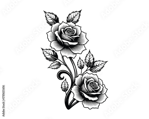Two beautiful ornamental rose flowers with leaves and stem, monochrome floral tattoo design in black and white