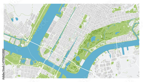 Vector map of city showing streets rivers and parks in green and blue colors
