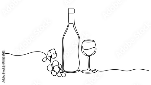 Bottle of wine with wineglass and grape bunch in continuous line art drawing style. Minimalist black linear sketch isolated on white background. Vector contour illustration. Editable vector