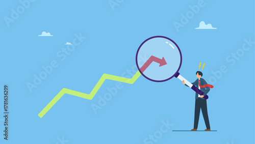 Businessman analyst with magnifier on arrow turn down. Stock market or cryptocurrency decline, down turn or economic recession, market plunge signal, inflation or interest rate falling down.