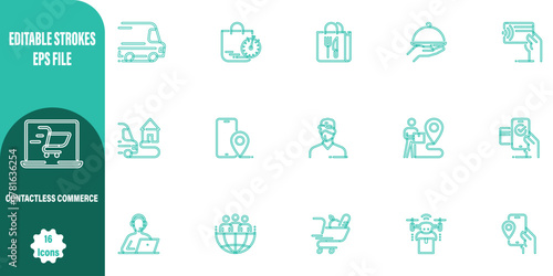 A collection of 16 editable EPS line art icons representing the modern landscape of contactless commerce