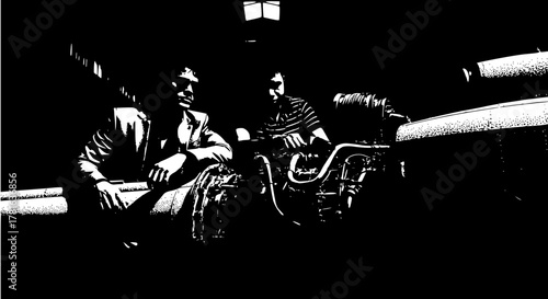 Vintage Helicopter Engine Repair — Black and White Industrial Vector Illustration