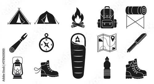 Camping Icons Set, Outdoor Adventure Black Symbols, Vector