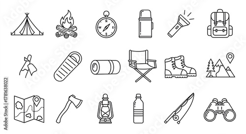 Camping Icons Outdoor Adventure Line Art, Hiking Gear Set