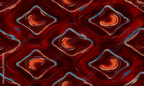 Psychedelic Liquid Diamond Pattern with Molten Red and Blue Swirls Vector