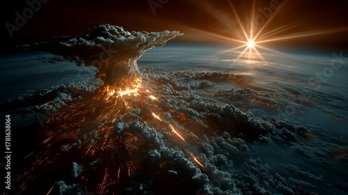 Massive explosion seen from space with dramatic light and clouds.