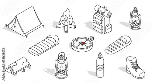 Camping Gear Isometric Icons Tent, Backpack, Bonfire, Compass