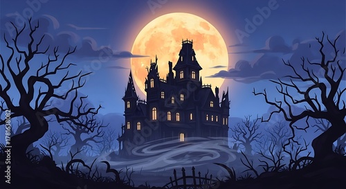 Spooky Haunted Mansion on a Hill with Full Moon and Bare Trees at Night.