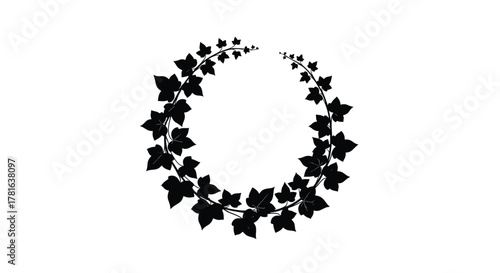 Elegant black silhouette of an ivy vine wreath forming a round decorative border against a pristine white backdrop.