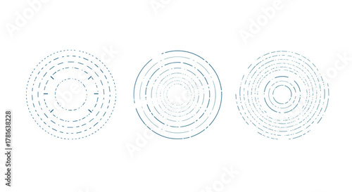 Abstract geometric design featuring three distinct patterns of concentric dashed and broken circles, symbolizing technology, data, or digital connectivity.