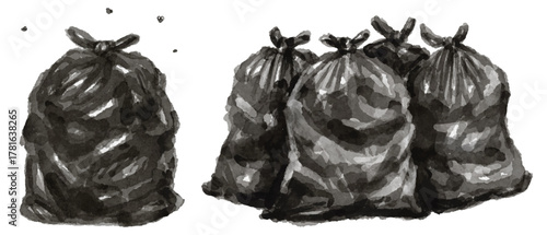 Hand painted watercolor black trash bag isolated