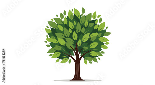 A vibrant green tree with a dense leafy canopy and a strong brown trunk, standing on a white background, symbolizing nature and growth.