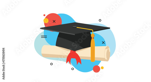 A black graduation cap with a gold tassel and a rolled diploma tied with a red ribbon symbolize academic achievement and educational success.