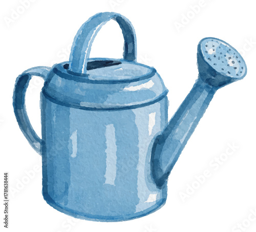 Watercolor blue watering can isolated on white background