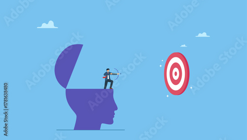 Courage businessman archery aiming bot to hit target. Success mindset, attitude to achieve goal or target, challenge to succeed in work, growth mindset or thought leader and determination.