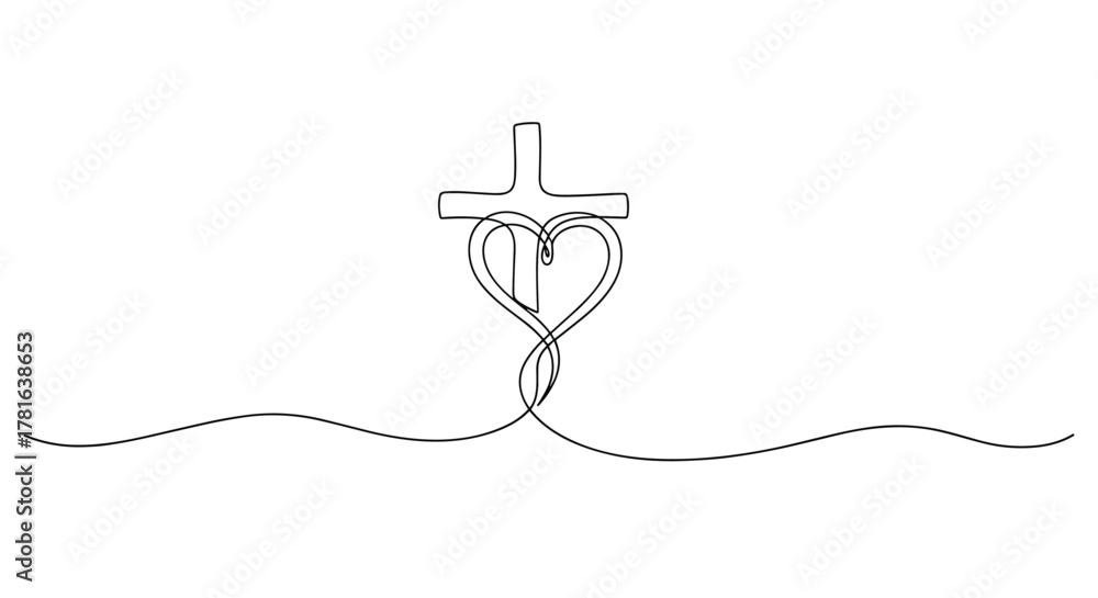 Obraz premium Continuous line drawing of a Christian cross with a heart shape symbolizing faith, love, and sacrifice, set against a white background.