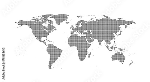 A black and white world map made of pixelated squares, representing global connections and digital data visualization.