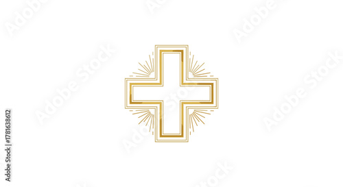 Elegant golden framed cross with radiant sunburst rays, symbolizing faith, healing, or decoration, isolated on a clean white background.