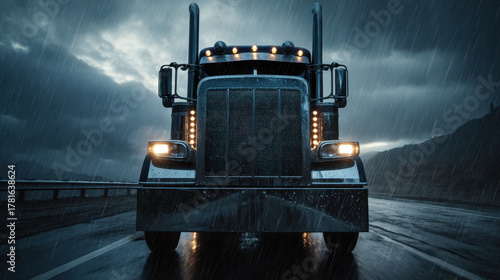 Rugged heavy duty semi truck front view driving through pouring rain at night with illuminated headlights and wet reflective highway, dramatic moody atmosphere and powerful presence
