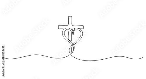 Continuous line drawing of a Christian cross with a heart shape symbolizing faith, love, and sacrifice, set against a white background.