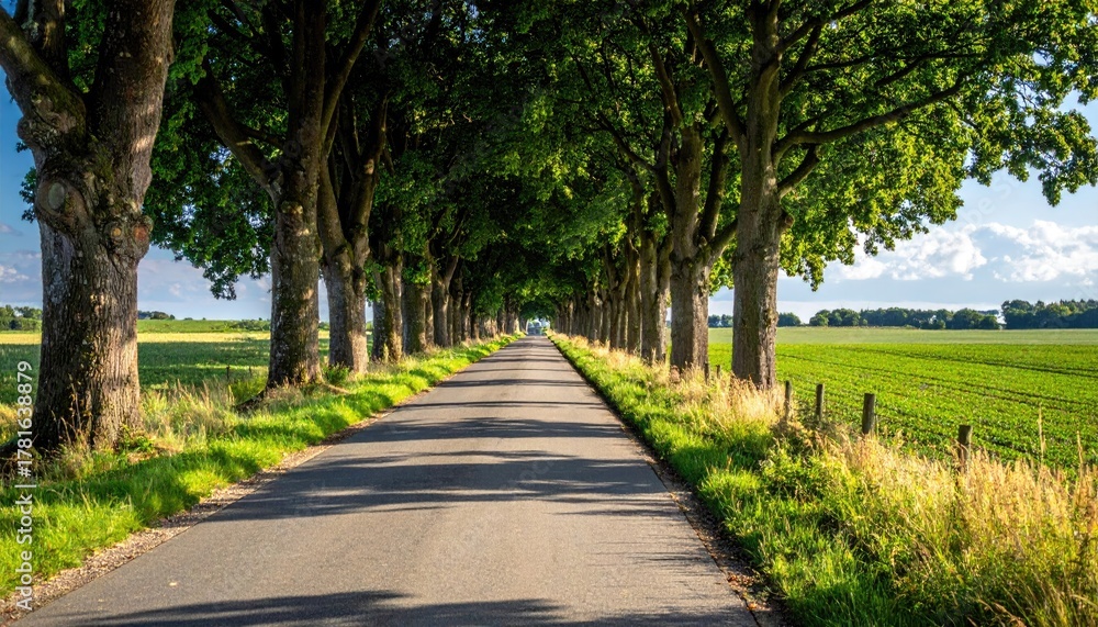 Obraz premium Tree Lined Asphalt Road Through Green Fields Under Bright Sunlight Casting Long Shadows On A Clear Summer Day