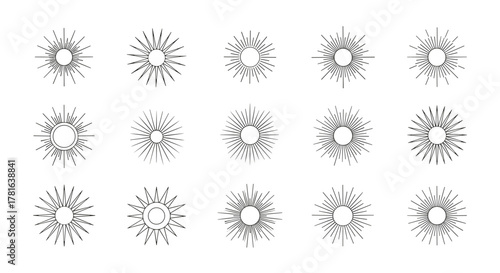 Collection of hand-drawn sunburst and starburst outline designs, ideal for vintage logos, badges, and decorative graphic elements.