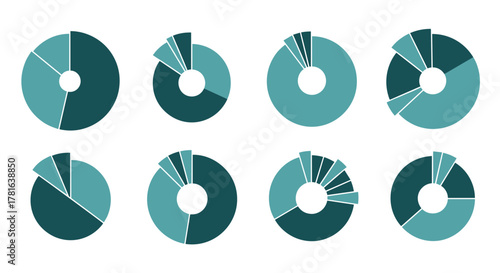 Collection of eight stylized donut charts in two tones of teal, illustrating data segmentation, analysis, and proportional representation.