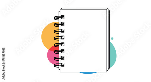Minimalist illustration of a blank white spiral notebook with colorful overlapping abstract circles on a clean background.