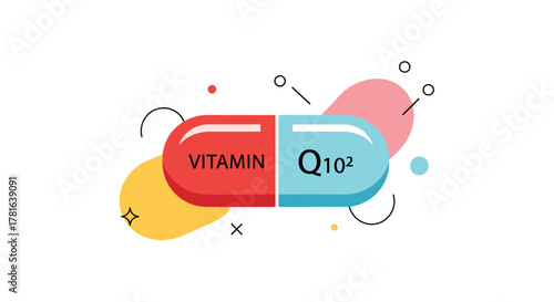 Colorful illustration of a red and blue capsule labeled \.