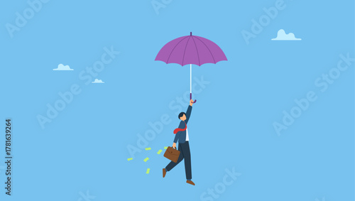 Wealthy businessman flying with his umbrella holding briefcase with money banknote. Success businessman get rich, office worker achieve financial independence and quit routine job.