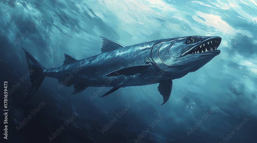 Fototapeta premium A detailed artistic depiction of a barracuda swimming underwater with sharp teeth visible.