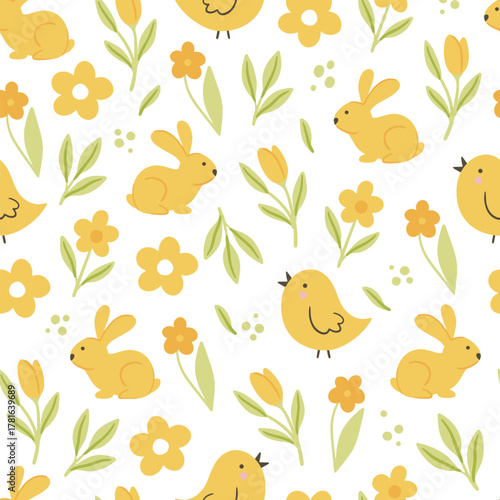 Happy Easter seamless vector pattern. Easter eggs, bunny, butterflies, and chicks in a creative repeating design. A repeating endless flat design in pastel colors.