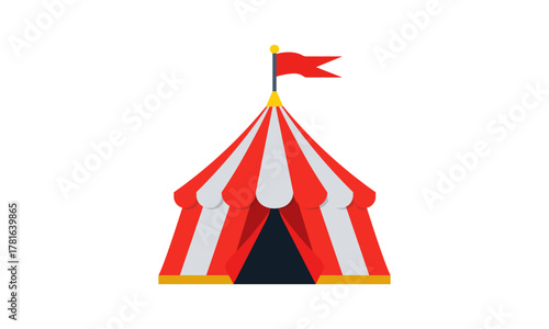 Colorful circus tent illustration with red and white stripes and a flag on top