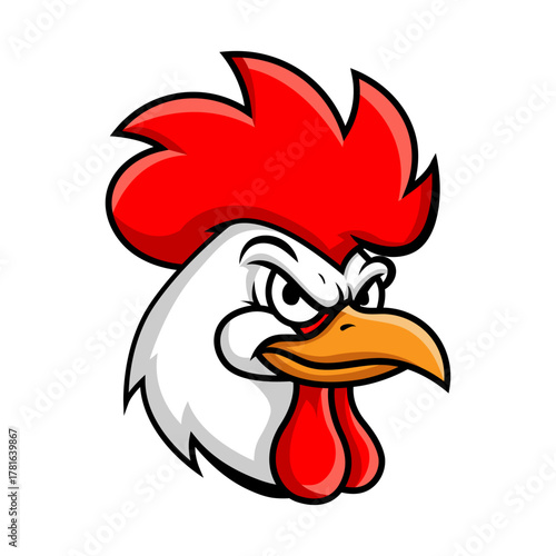 Cartoon rooster head with a fierce expression, perfect for mascot designs