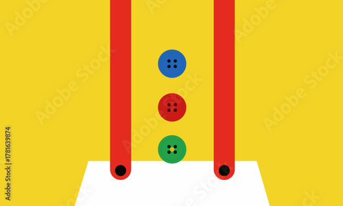 Abstract illustration of a clown's suspenders and colorful buttons on yellow