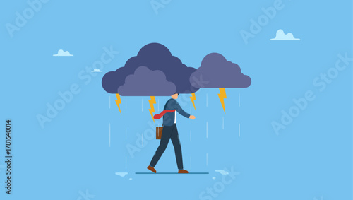 Depressed businessman walking with cloudy thunderstorm and rainy around his face. Business problem, obstacle or risk to overcome and succeed, insurance or catastrophe and disaster business day.