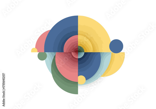 Abstract geometric composition with colorful semicircles and circles.